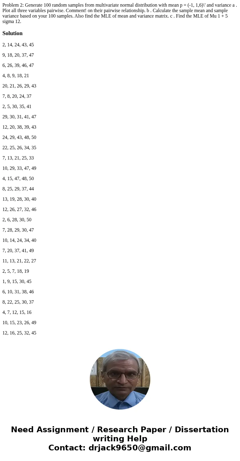 Problem 2: Generate 100 random samples from multivariate normal distribution with mean p = (-1, 1,6)\' and variance a . Plot all three variables pairwise. Comm  Problem 2: Generate 100 random samples from multivariate normal distribution with mean p = (-1, 1,6)\' and variance a . Plot all three variables pairwise. Comm