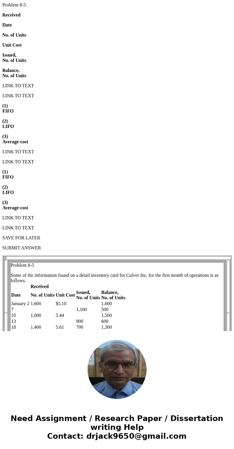 Problem 8-5 Received Date No. of Units Unit Cost Issued, No. of Units Balance, No. of Units LINK TO TEXT LINK TO TEXT (1) FIFO (2) LIFO (3) Average-cost LINK TO