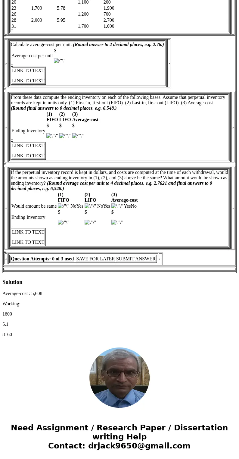 Problem 8-5 Received Date No. of Units Unit Cost Issued, No. of Units Balance, No. of Units LINK TO TEXT LINK TO TEXT (1) FIFO (2) LIFO (3) Average-cost LINK TO