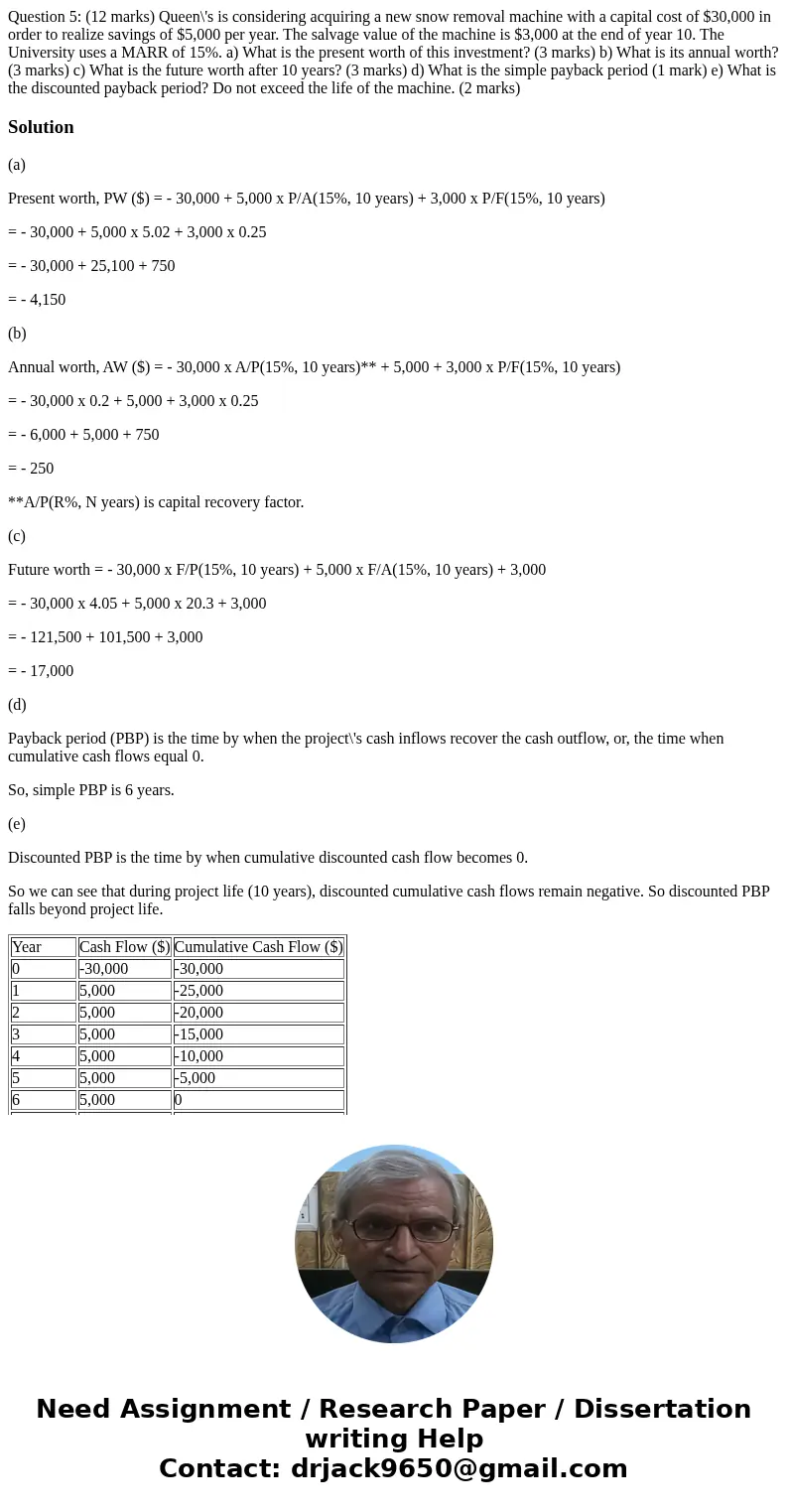 Question 5: (12 marks) Queen\'s is considering acquiring a new snow removal machine with a capital cost of $30,000 in order to realize savings of $5,000 per ye  Question 5: (12 marks) Queen\'s is considering acquiring a new snow removal machine with a capital cost of $30,000 in order to realize savings of $5,000 per ye