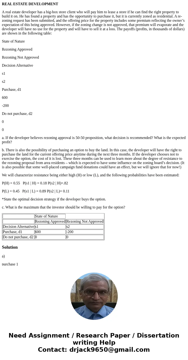 REAL ESTATE DEVELOPMENT A real estate developer has a big-box store client who will pay him to lease a store if he can find the right property to build it on. H