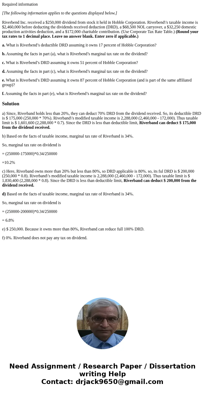 Required information [The following information applies to the questions displayed below.] Riverbend Inc. received a $250,000 dividend from stock it held in Hob