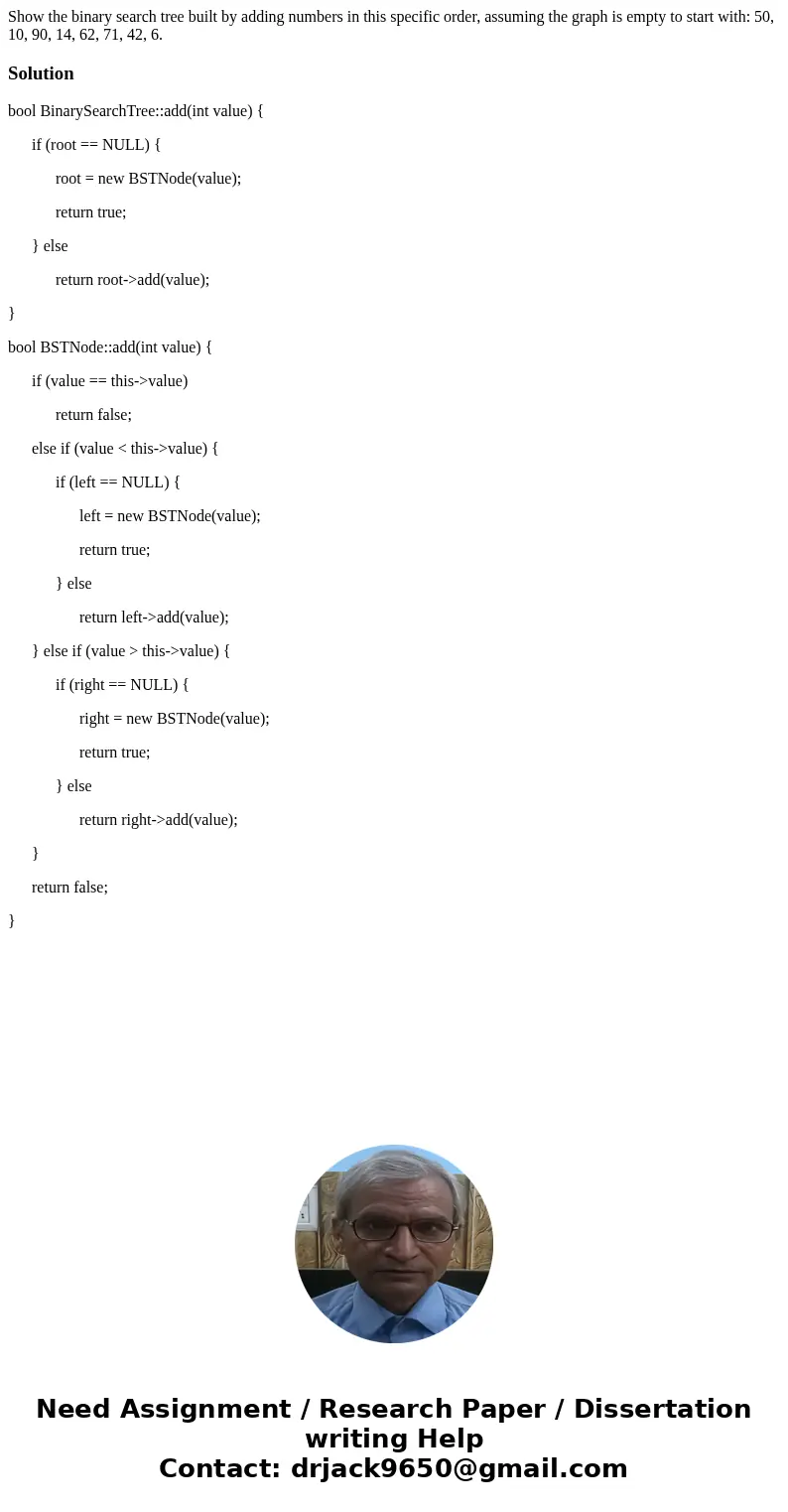 Show the binary search tree built by adding numbers in this specific order, assuming the graph is empty to start with: 50, 10, 90, 14, 62, 71, 42, 6.Solutionboo