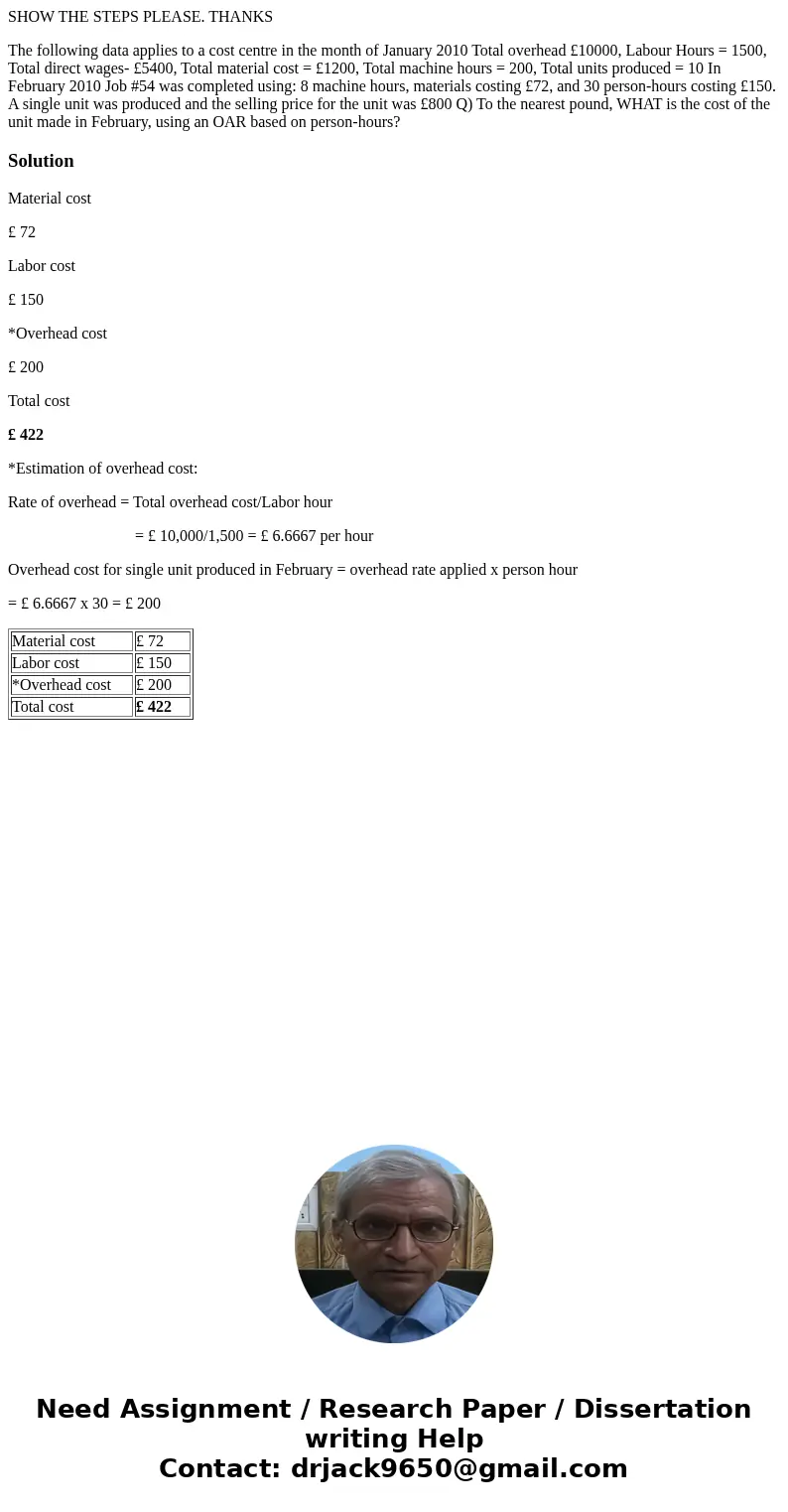 SHOW THE STEPS PLEASE. THANKS The following data applies to a cost centre in the month of January 2010 Total overhead £10000, Labour Hours = 1500, Total direct  SHOW THE STEPS PLEASE. THANKS The following data applies to a cost centre in the month of January 2010 Total overhead £10000, Labour Hours = 1500, Total direct
