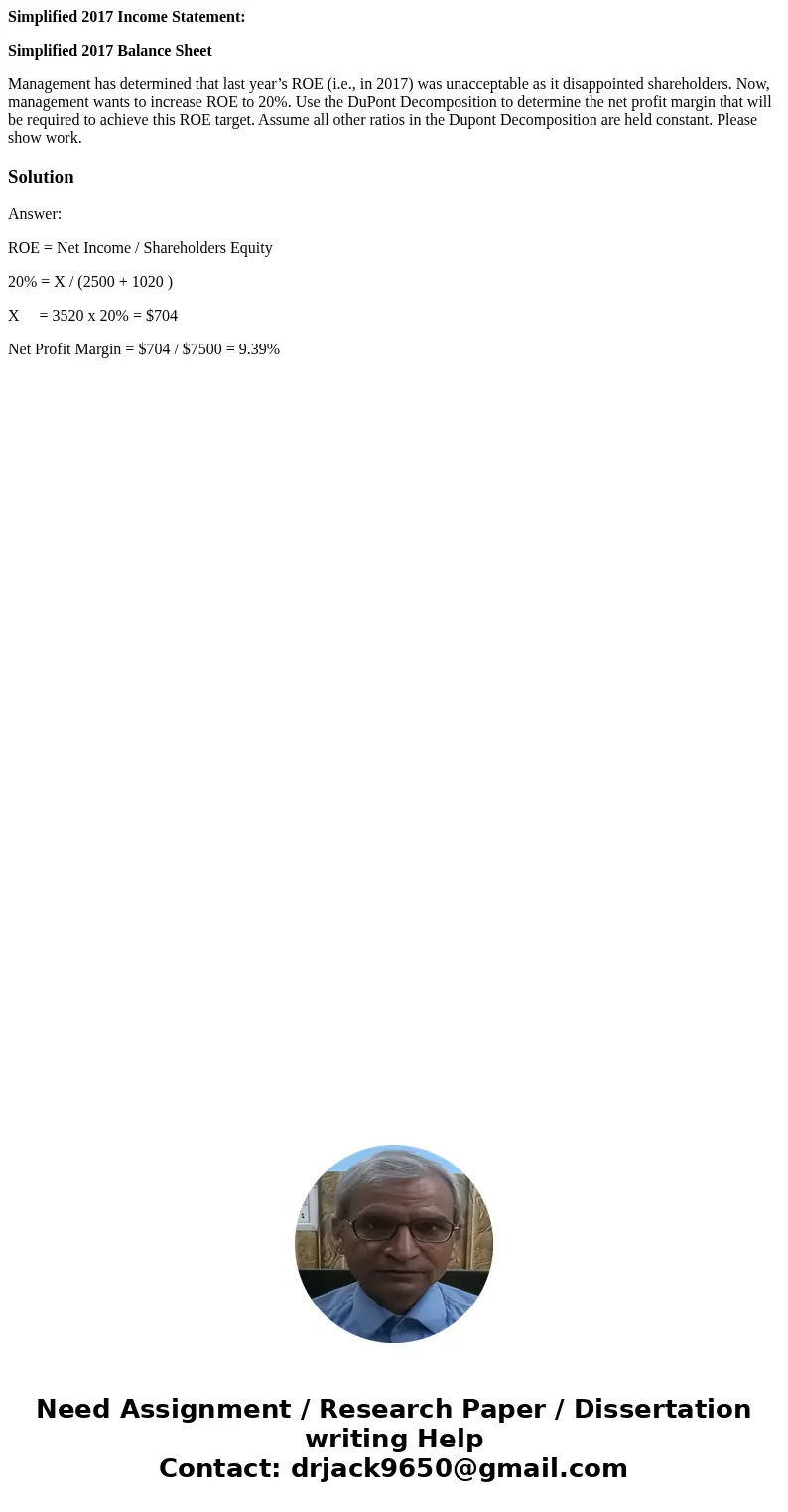 Simplified 2017 Income Statement: Simplified 2017 Balance Sheet Management has determined that last year’s ROE (i.e., in 2017) was unacceptable as it disappoint Simplified 2017 Income Statement: Simplified 2017 Balance Sheet Management has determined that last year’s ROE (i.e., in 2017) was unacceptable as it disappoint