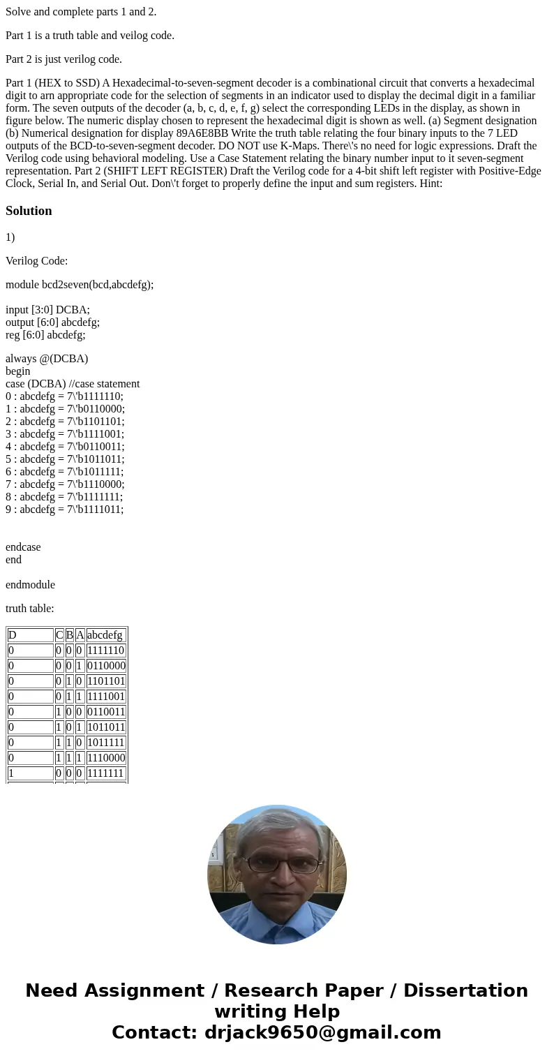 Solve and complete parts 1 and 2. Part 1 is a truth table and veilog code. Part 2 is just verilog code. Part 1 (HEX to SSD) A Hexadecimal-to-seven-segment decod Solve and complete parts 1 and 2. Part 1 is a truth table and veilog code. Part 2 is just verilog code. Part 1 (HEX to SSD) A Hexadecimal-to-seven-segment decod