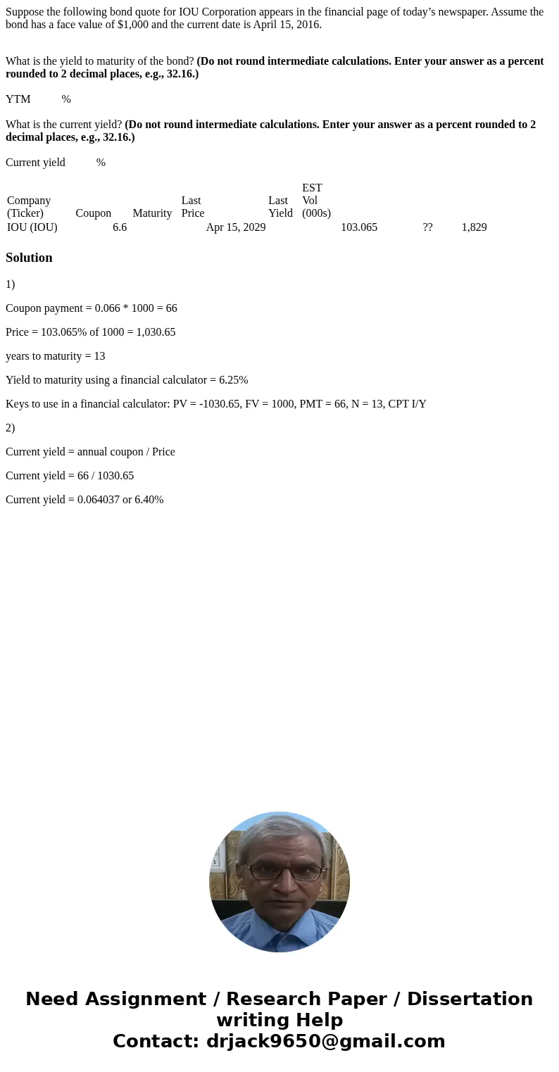Suppose the following bond quote for IOU Corporation appears in the financial page of today’s newspaper. Assume the bond has a face value of $1,000 and the curr