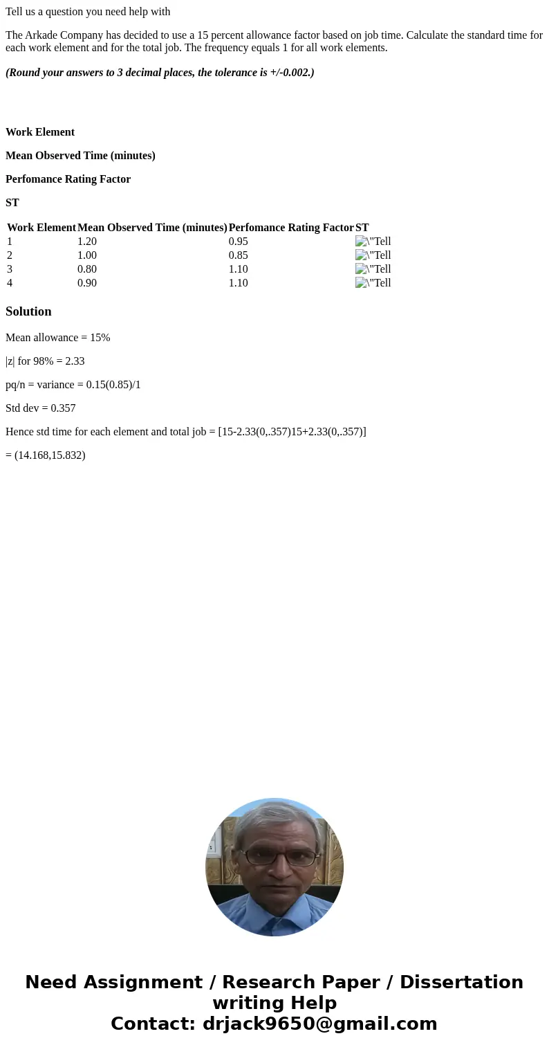 Tell us a question you need help with The Arkade Company has decided to use a 15 percent allowance factor based on job time. Calculate the standard time for eac