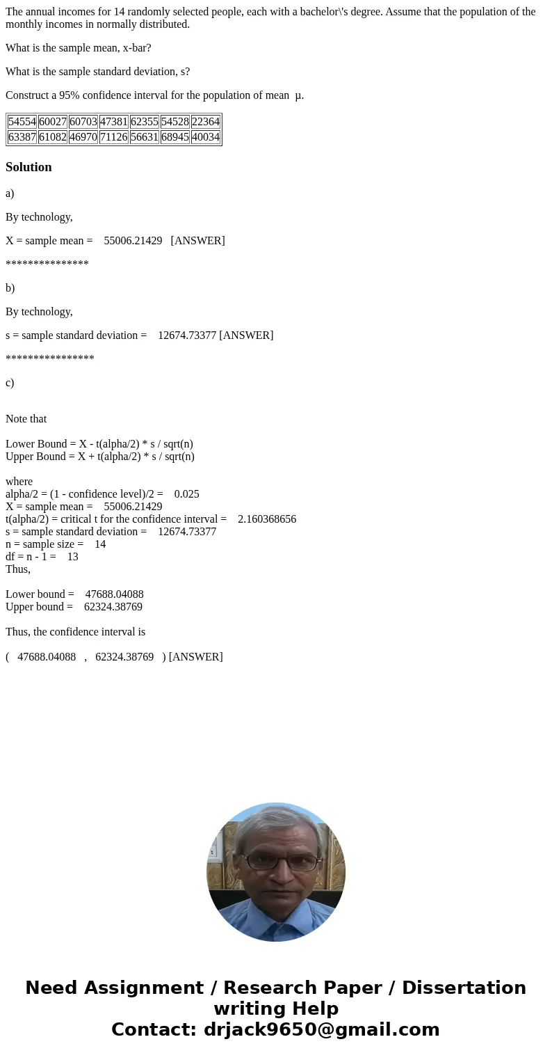 The annual incomes for 14 randomly selected people, each with a bachelor\'s degree. Assume that the population of the monthly incomes in normally distributed. W The annual incomes for 14 randomly selected people, each with a bachelor\'s degree. Assume that the population of the monthly incomes in normally distributed. W