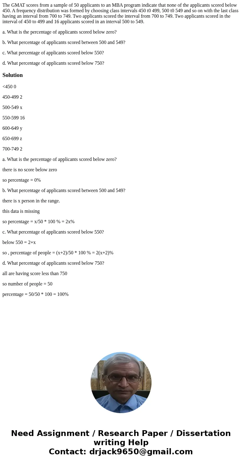 The GMAT scores from a sample of 50 applicants to an MBA program indicate that none of the applicants scored below 450. A frequency distribution was formed by c The GMAT scores from a sample of 50 applicants to an MBA program indicate that none of the applicants scored below 450. A frequency distribution was formed by c