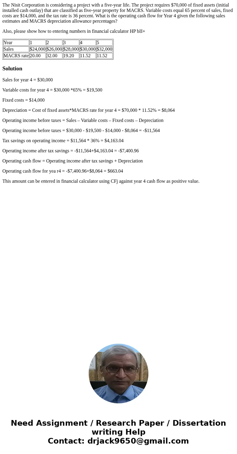 The Nisit Corporation is considering a project with a five-year life. The project requires $70,000 of fixed assets (initial installed cash outlay) that are clas The Nisit Corporation is considering a project with a five-year life. The project requires $70,000 of fixed assets (initial installed cash outlay) that are clas