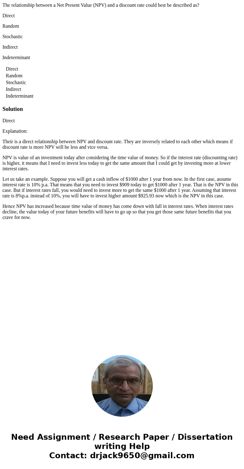 The relationship between a Net Present Value (NPV) and a discount rate could best be described as? Direct Random Stochastic Indirect Indeterminant Direct Random The relationship between a Net Present Value (NPV) and a discount rate could best be described as? Direct Random Stochastic Indirect Indeterminant Direct Random