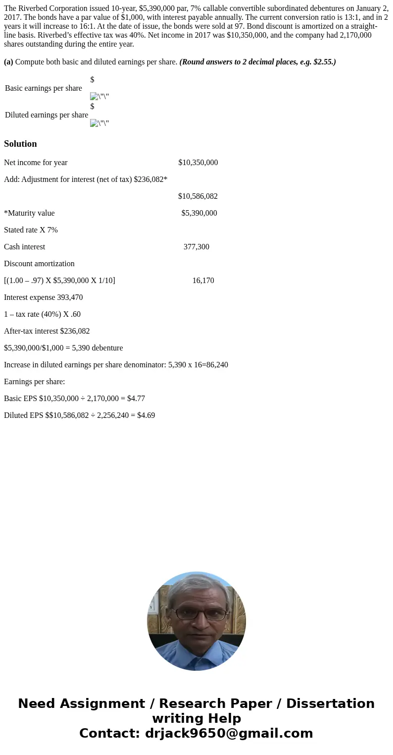 The Riverbed Corporation issued 10-year, $5,390,000 par, 7% callable convertible subordinated debentures on January 2, 2017. The bonds have a par value of $1,00