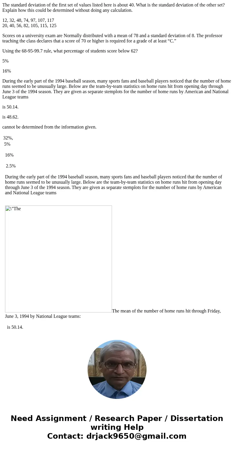 The standard deviation of the first set of values listed here is about 40. What is the standard deviation of the other set? Explain how this could be determined The standard deviation of the first set of values listed here is about 40. What is the standard deviation of the other set? Explain how this could be determined