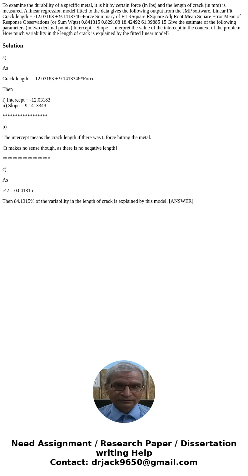 To examine the durability of a specific metal, it is hit by certain force (in lbs) and the length of crack (in mm) is measured. A linear regression model fitte