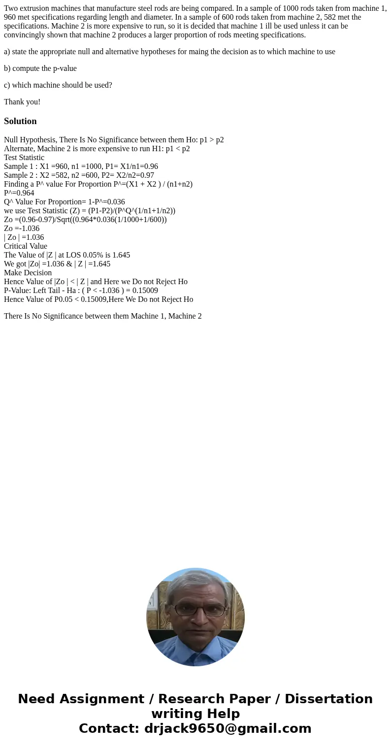 Two extrusion machines that manufacture steel rods are being compared. In a sample of 1000 rods taken from machine 1, 960 met specifications regarding length an Two extrusion machines that manufacture steel rods are being compared. In a sample of 1000 rods taken from machine 1, 960 met specifications regarding length an