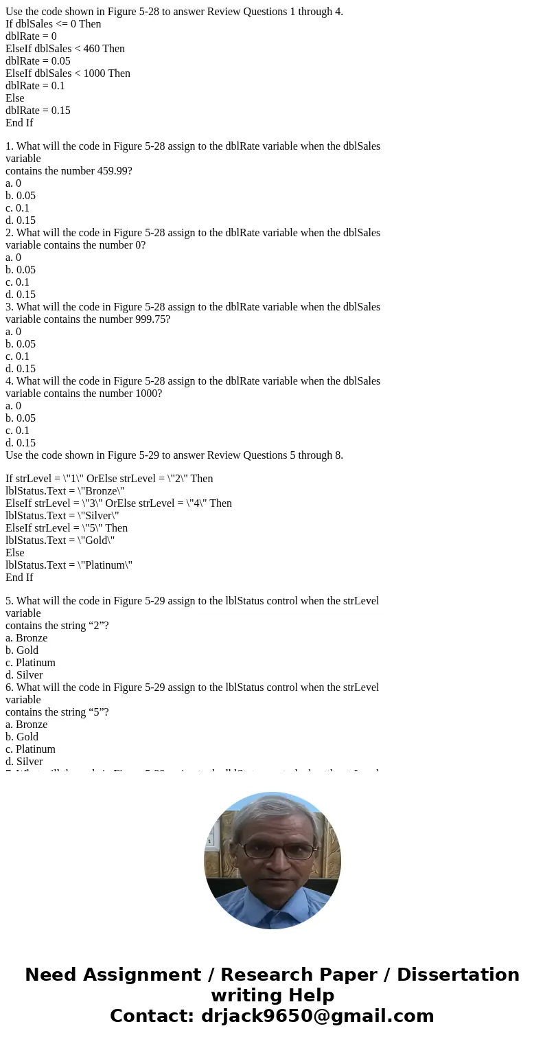 Use the code shown in Figure 5-28 to answer Review Questions 1 through 4. If dblSales <= 0 Then dblRate = 0 ElseIf dblSales < 460 Then dblRate = 0.05 Else Use the code shown in Figure 5-28 to answer Review Questions 1 through 4. If dblSales <= 0 Then dblRate = 0 ElseIf dblSales < 460 Then dblRate = 0.05 Else