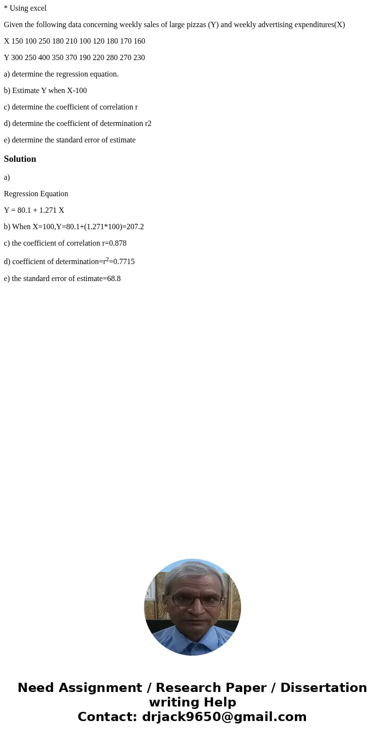 * Using excel Given the following data concerning weekly sales of large pizzas (Y) and weekly advertising expenditures(X) X 150 100 250 180 210 100 120 180 170  * Using excel Given the following data concerning weekly sales of large pizzas (Y) and weekly advertising expenditures(X) X 150 100 250 180 210 100 120 180 170