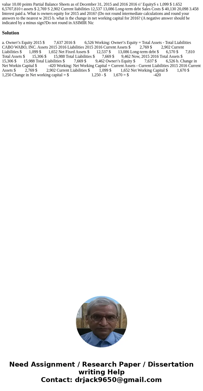 value 10.00 points Partial Balance Sheets as of December 31, 2015 and 2016 2016 s\' EquityS s 1,099 $ 1.652 6,5707,810 t assets $ 2,769 S 2,902 Current liabili  value 10.00 points Partial Balance Sheets as of December 31, 2015 and 2016 2016 s\' EquityS s 1,099 $ 1.652 6,5707,810 t assets $ 2,769 S 2,902 Current liabili
