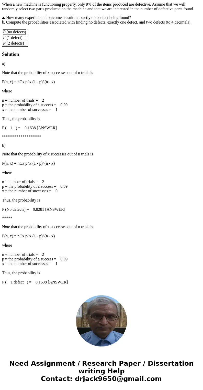 When a new machine is functioning properly, only 9% of the items produced are defective. Assume that we will randomly select two parts produced on the machine a When a new machine is functioning properly, only 9% of the items produced are defective. Assume that we will randomly select two parts produced on the machine a