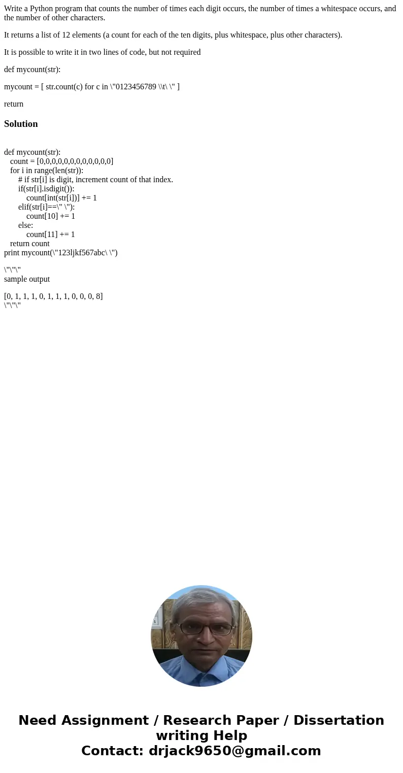 Write a Python program that counts the number of times each digit occurs, the number of times a whitespace occurs, and the number of other characters. It return