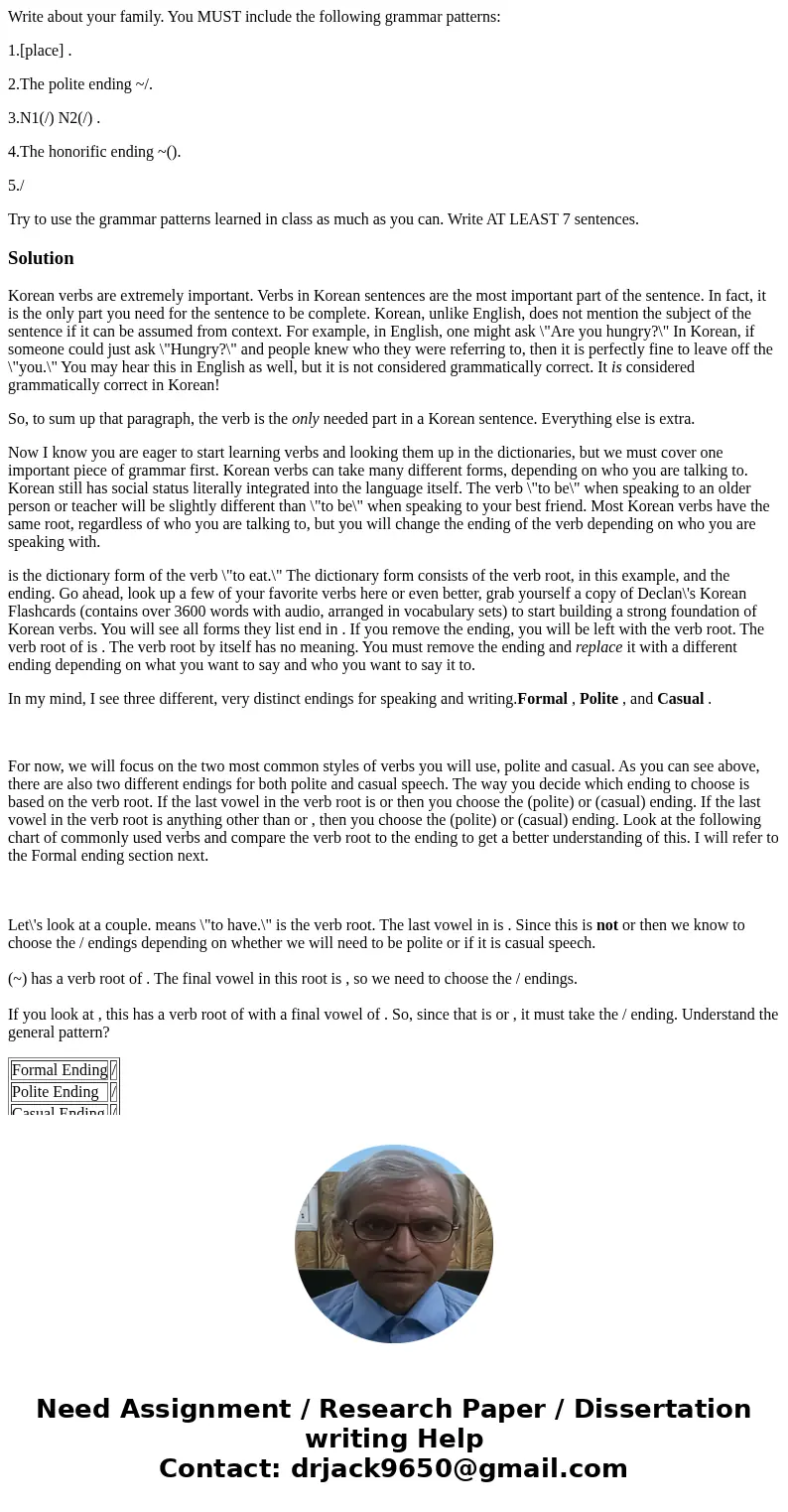 Write about your family. You MUST include the following grammar patterns: 1.[place] . 2.The polite ending ~/. 3.N1(/) N2(/) . 4.The honorific ending ~(). 5./ Tr