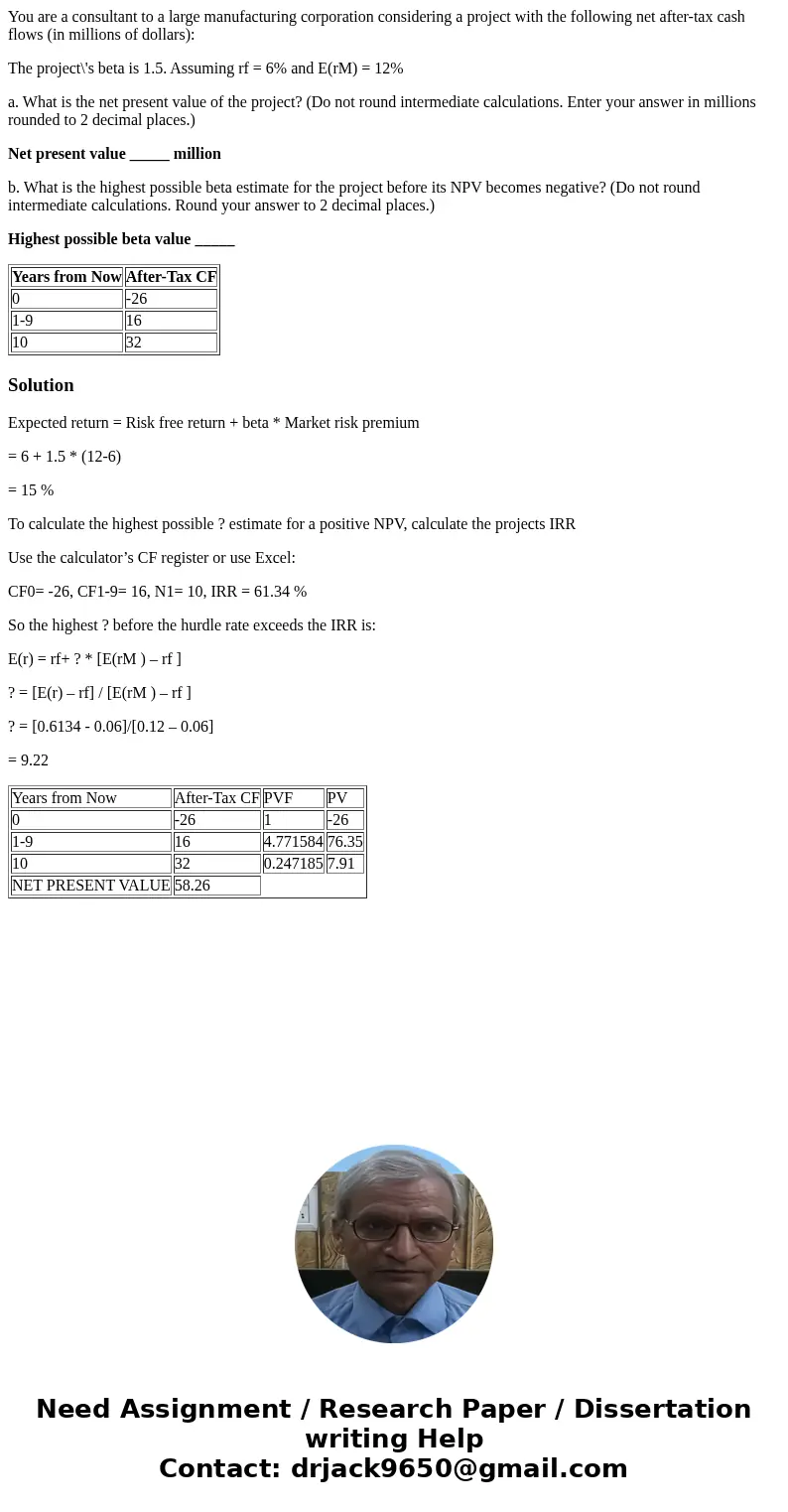 You are a consultant to a large manufacturing corporation considering a project with the following net after-tax cash flows (in millions of dollars): The projec