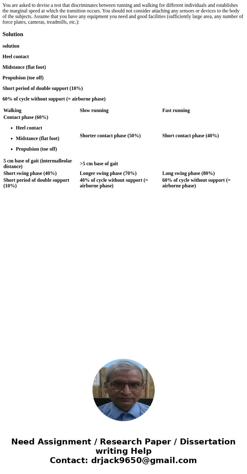  You are asked to devise a test that discriminates between running and walking for different individuals and establishes the marginal speed at which the transit