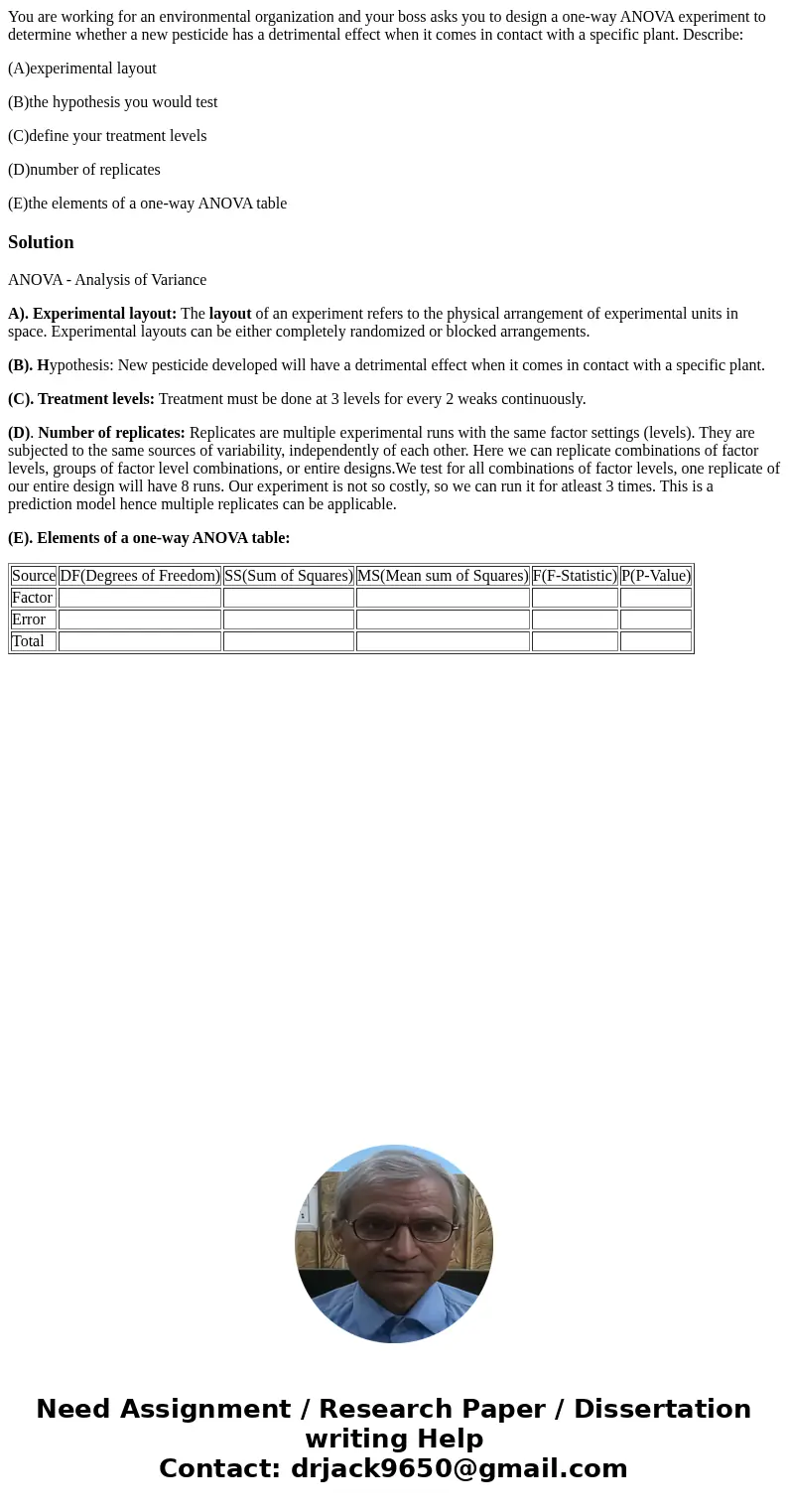 You are working for an environmental organization and your boss asks you to design a one-way ANOVA experiment to determine whether a new pesticide has a detrime You are working for an environmental organization and your boss asks you to design a one-way ANOVA experiment to determine whether a new pesticide has a detrime