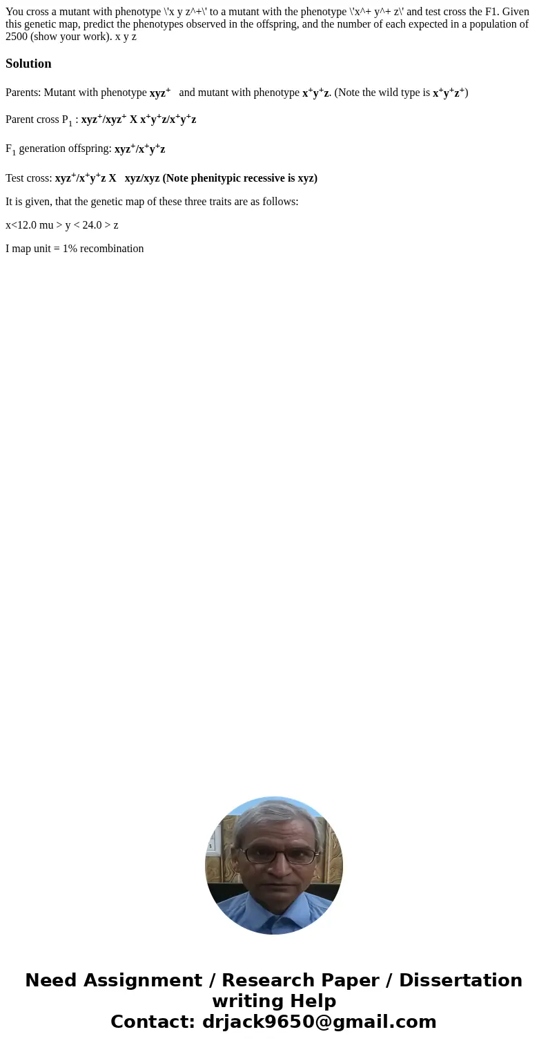  You cross a mutant with phenotype \'x y z^+\' to a mutant with the phenotype \'x^+ y^+ z\' and test cross the F1. Given this genetic map, predict the phenotype