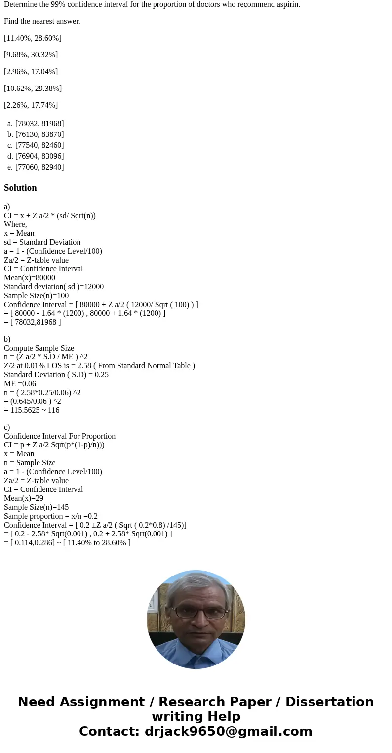 1) A survey of 100 businesses revealed that the mean after-tax profit was $80,000 and the standard deviation was $12,000. Determine the 90% confidence interval  1) A survey of 100 businesses revealed that the mean after-tax profit was $80,000 and the standard deviation was $12,000. Determine the 90% confidence interval