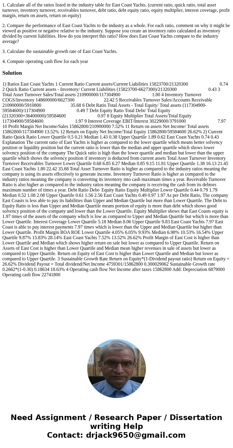 1. Calculate all of the ratios listed in the industry table for East Coast Yachts. (current ratio, quick ratio, total asset turnover, inventory turnover, receiv 1. Calculate all of the ratios listed in the industry table for East Coast Yachts. (current ratio, quick ratio, total asset turnover, inventory turnover, receiv