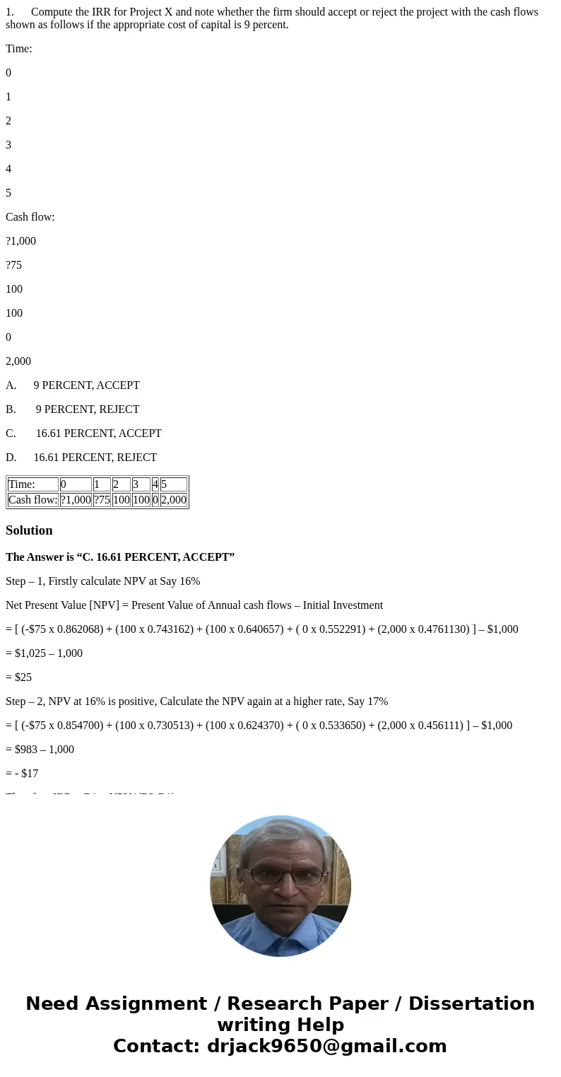 1. Compute the IRR for Project X and note whether the firm should accept or reject the project with the cash flows shown as follows if the appropriate cost of c 1. Compute the IRR for Project X and note whether the firm should accept or reject the project with the cash flows shown as follows if the appropriate cost of c