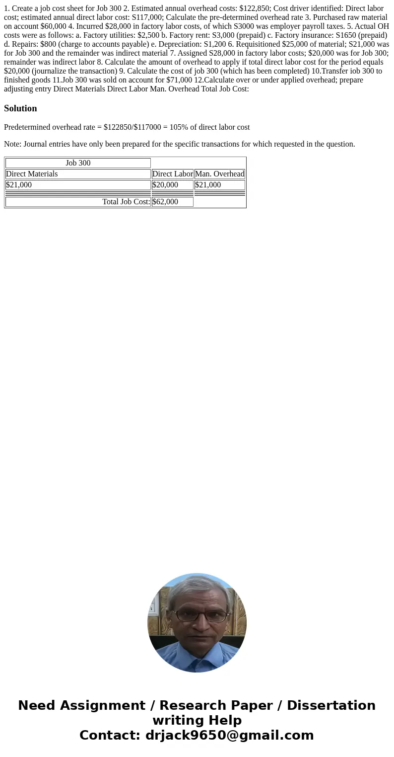  1. Create a job cost sheet for Job 300 2. Estimated annual overhead costs: $122,850; Cost driver identified: Direct labor cost; estimated annual direct labor c