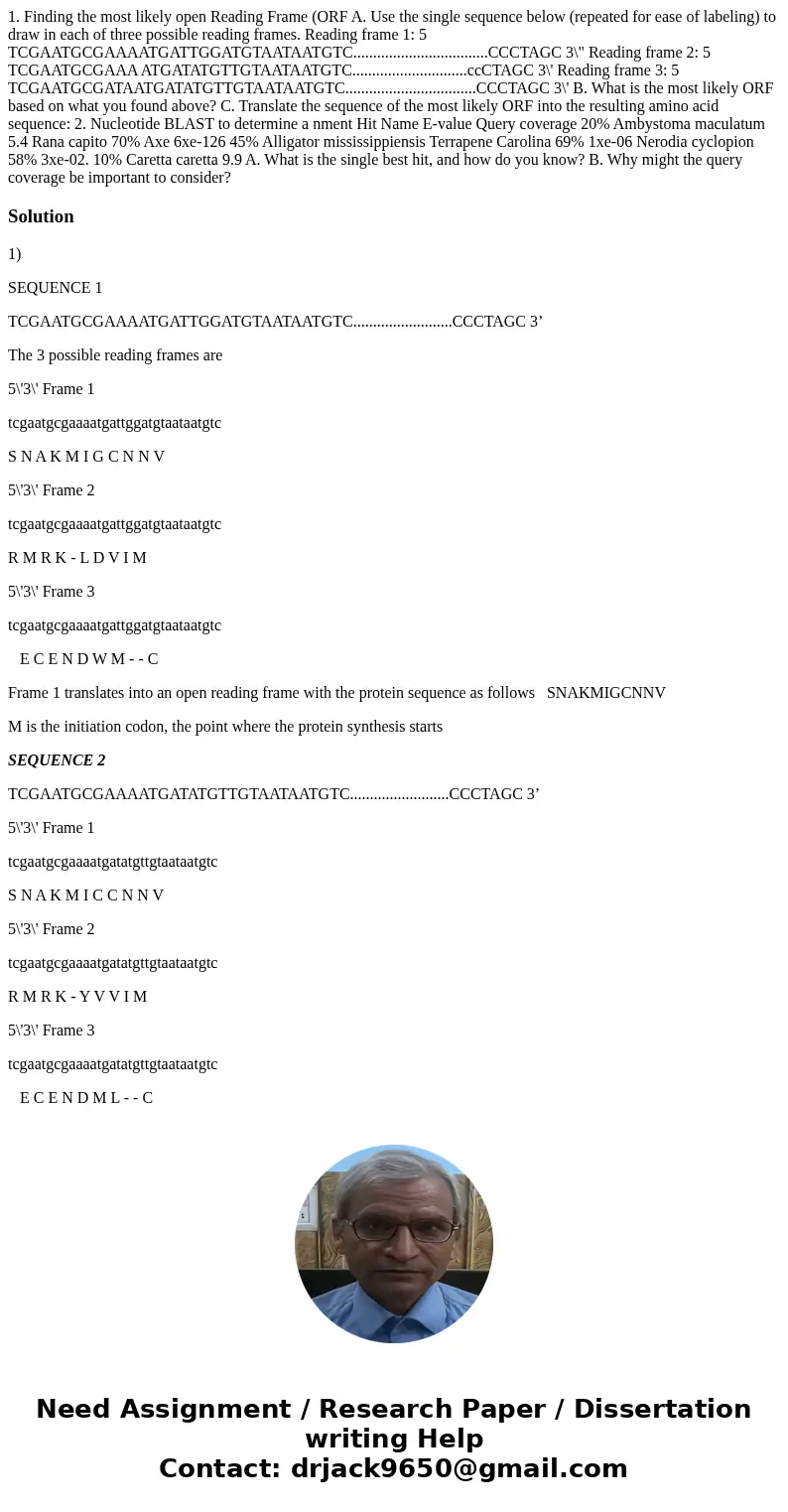 1. Finding the most likely open Reading Frame (ORF A. Use the single sequence below (repeated for ease of labeling) to draw in each of three possible reading f  1. Finding the most likely open Reading Frame (ORF A. Use the single sequence below (repeated for ease of labeling) to draw in each of three possible reading f