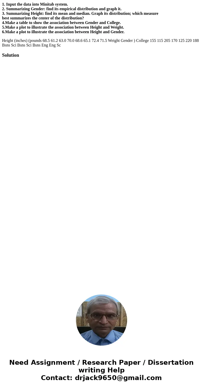 1. Input the data into Minitab system. 2. Summarizing Gender: find its empirical distribution and graph it. 3. Summarizing Height: find its mean and median. Gra 1. Input the data into Minitab system. 2. Summarizing Gender: find its empirical distribution and graph it. 3. Summarizing Height: find its mean and median. Gra
