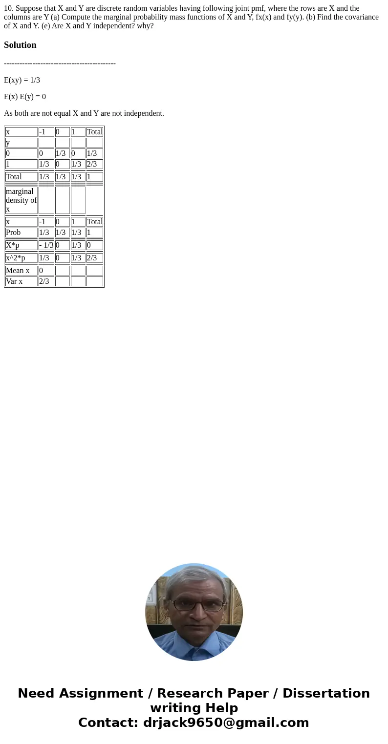  10. Suppose that X and Y are discrete random variables having following joint pmf, where the rows are X and the columns are Y (a) Compute the marginal probabil
