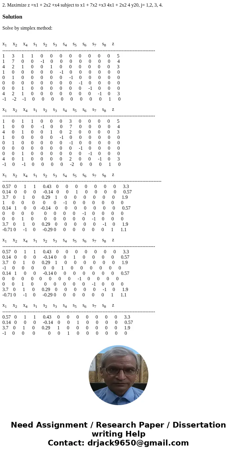 2. Maximize z =x1 + 2x2 +x4 subject to x1 + 7x2 +x3 4x1 + 2x2 4 y20, j= 1,2, 3, 4. SolutionSolve by simplex method: x1 x2 x4 s1 s2 s3 s4 s5 s6 s7 s8 z --------  2. Maximize z =x1 + 2x2 +x4 subject to x1 + 7x2 +x3 4x1 + 2x2 4 y20, j= 1,2, 3, 4. SolutionSolve by simplex method: x1 x2 x4 s1 s2 s3 s4 s5 s6 s7 s8 z --------