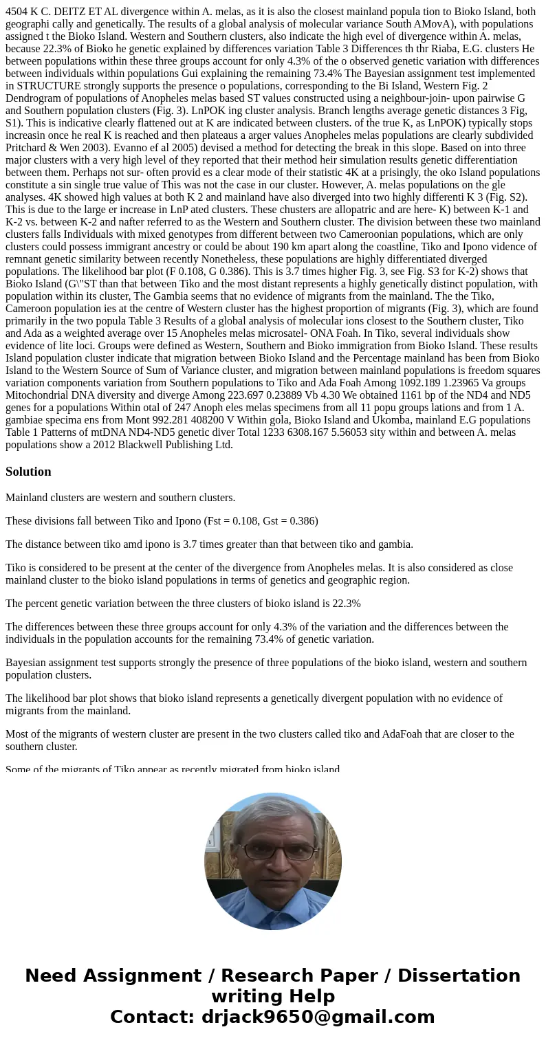  4504 K C. DEITZ ET AL divergence within A. melas, as it is also the closest mainland popula tion to Bioko Island, both geographi cally and genetically. The res