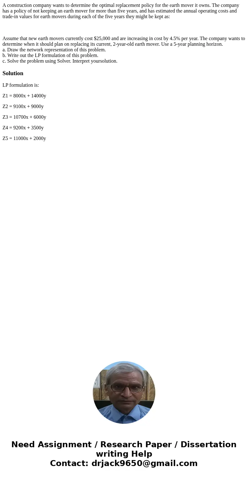 A construction company wants to determine the optimal replacement policy for the earth mover it owns. The company has a policy of not keeping an earth mover for A construction company wants to determine the optimal replacement policy for the earth mover it owns. The company has a policy of not keeping an earth mover for