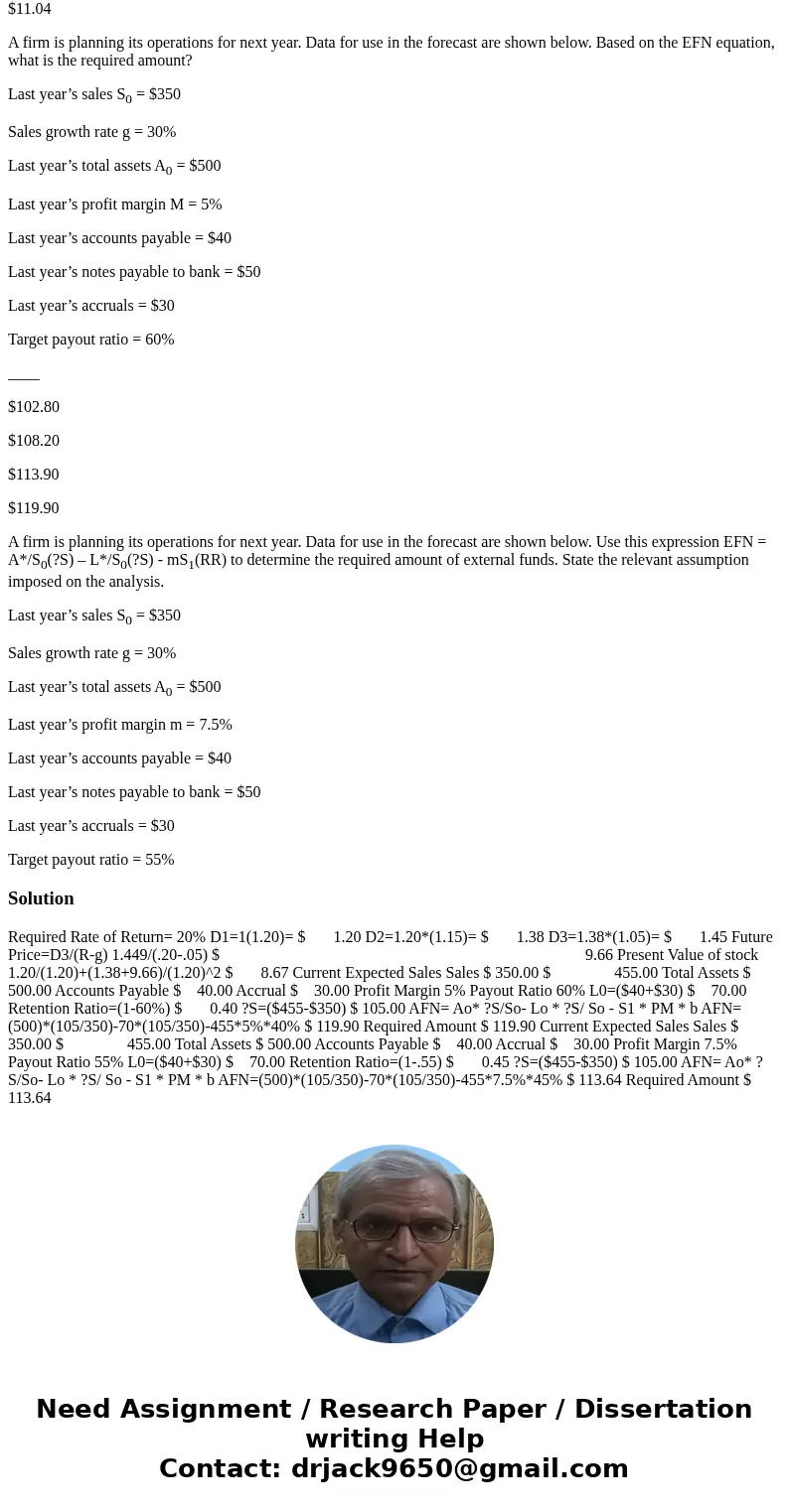 A firm has a current dividend D0 = $1. Analysts expect the firm’s dividend to grow by 20% this year, by 15% in year 2, and a constant rate of 5% in year 3 and t