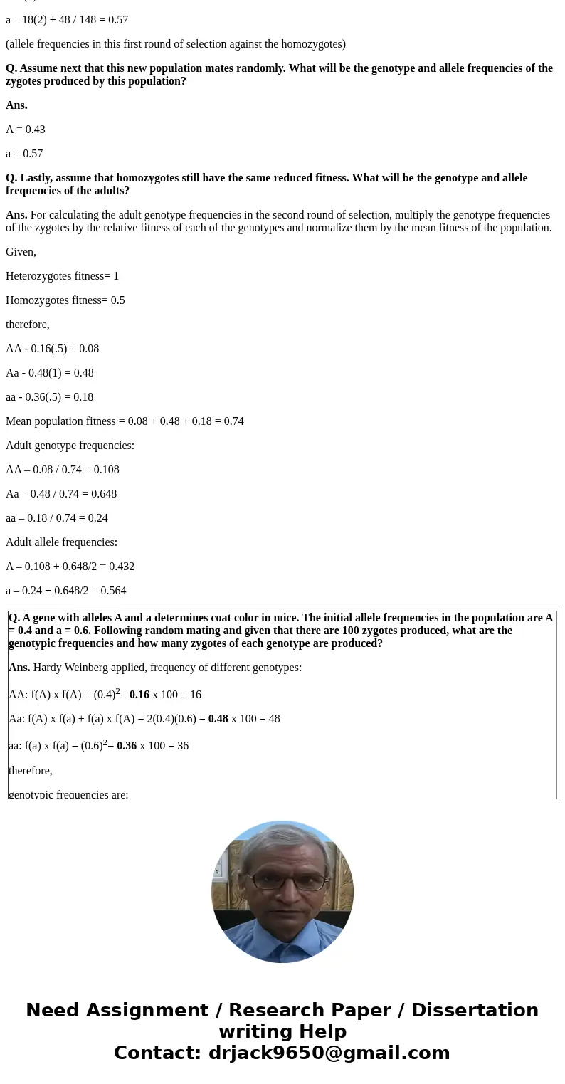 A gene with alleles A and a determines coat color in mice. The initial allele frequencies in the population are A = 0.4 and a = 0.6. Following random mating and