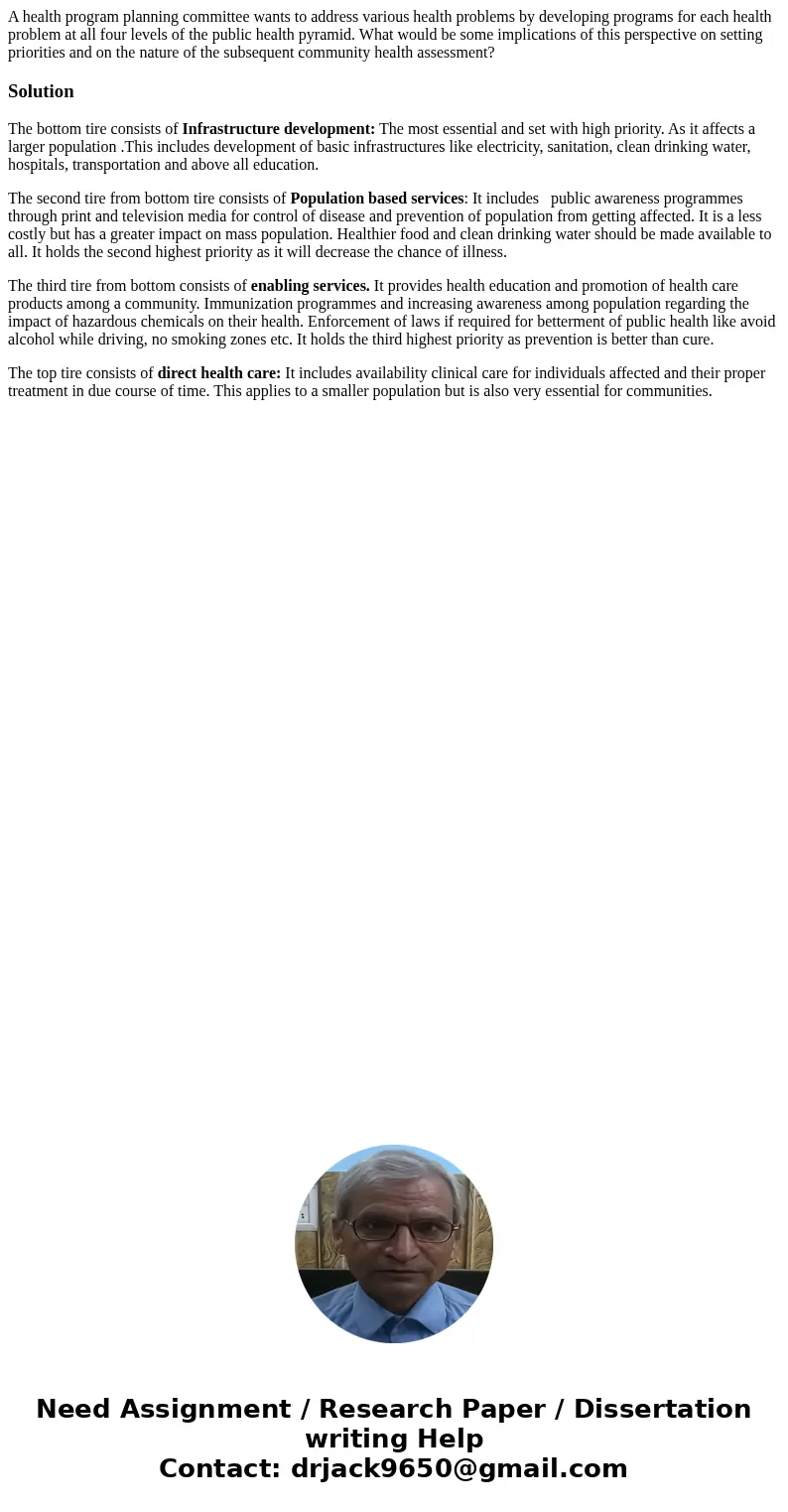 A health program planning committee wants to address various health problems by developing programs for each health problem at all four levels of the public hea A health program planning committee wants to address various health problems by developing programs for each health problem at all four levels of the public hea