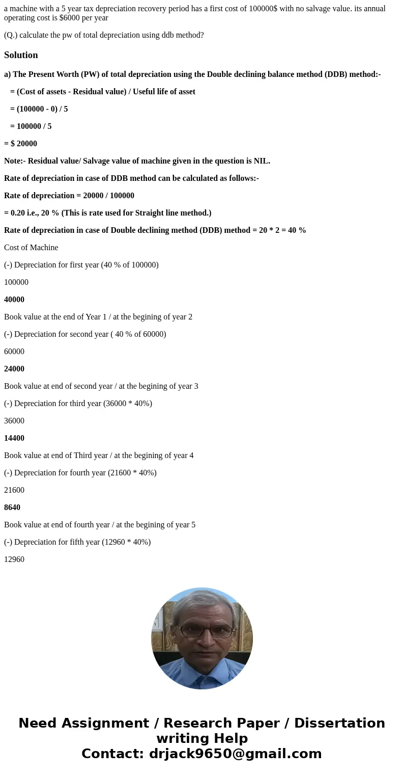 a machine with a 5 year tax depreciation recovery period has a first cost of 100000$ with no salvage value. its annual operating cost is $6000 per year (Q.) cal a machine with a 5 year tax depreciation recovery period has a first cost of 100000$ with no salvage value. its annual operating cost is $6000 per year (Q.) cal