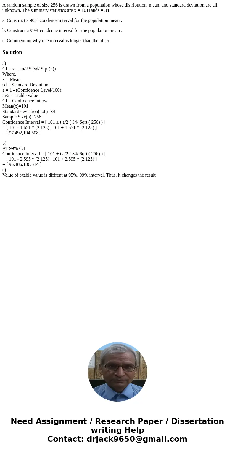 A random sample of size 256 is drawn from a population whose distribution, mean, and standard deviation are all unknown. The summary statistics are x = 1011ands A random sample of size 256 is drawn from a population whose distribution, mean, and standard deviation are all unknown. The summary statistics are x = 1011ands