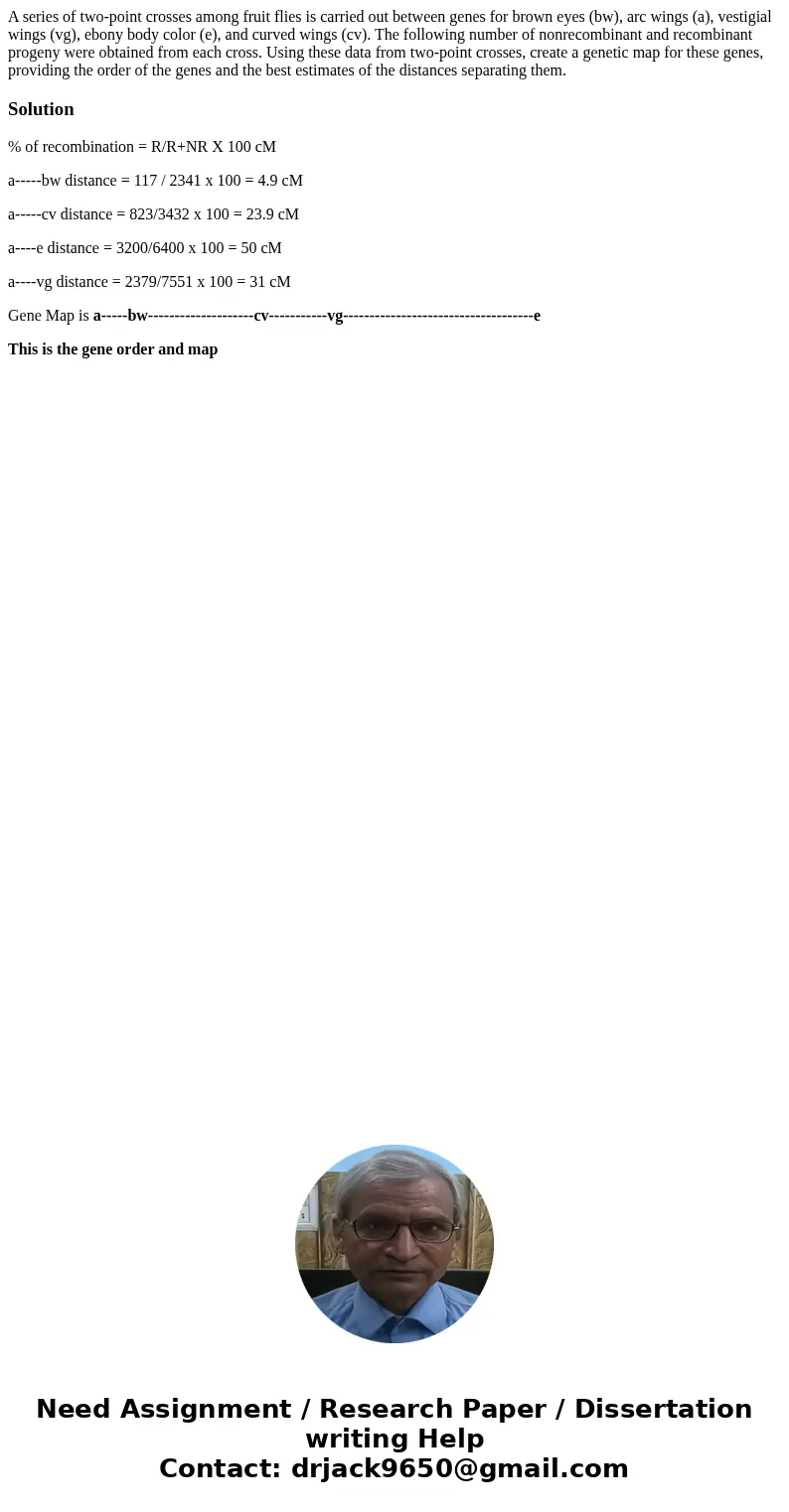 A series of two-point crosses among fruit flies is carried out between genes for brown eyes (bw), arc wings (a), vestigial wings (vg), ebony body color (e), an  A series of two-point crosses among fruit flies is carried out between genes for brown eyes (bw), arc wings (a), vestigial wings (vg), ebony body color (e), an