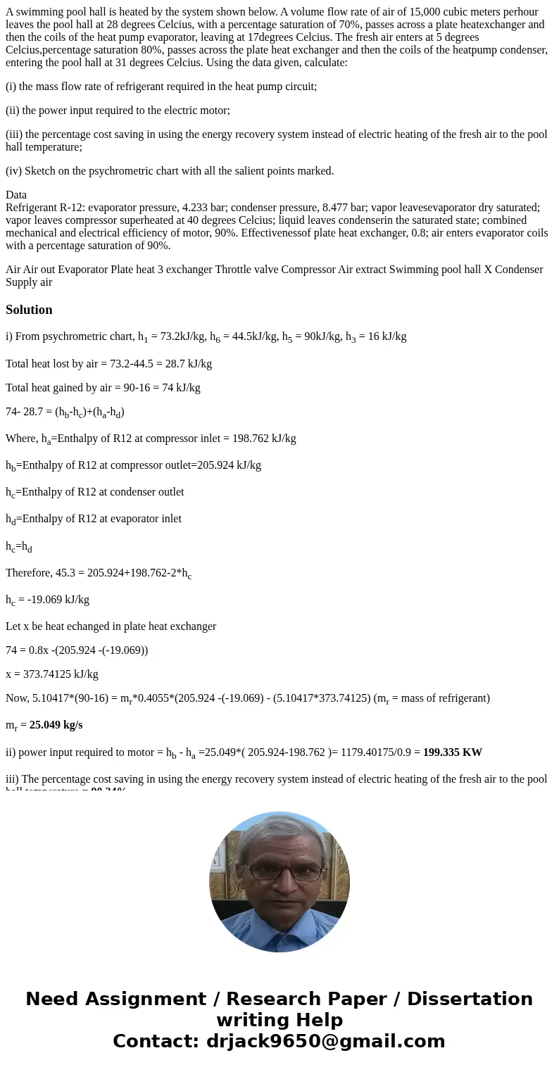 A swimming pool hall is heated by the system shown below. A volume flow rate of air of 15,000 cubic meters perhour leaves the pool hall at 28 degrees Celcius, w A swimming pool hall is heated by the system shown below. A volume flow rate of air of 15,000 cubic meters perhour leaves the pool hall at 28 degrees Celcius, w