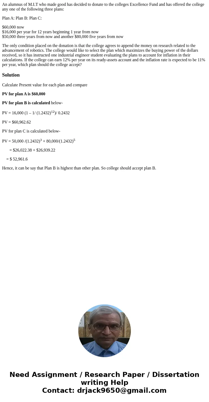 An alumnus of M.I.T who made good has decided to donate to the colleges Excellence Fund and has offered the college any one of the following three plans: Plan A An alumnus of M.I.T who made good has decided to donate to the colleges Excellence Fund and has offered the college any one of the following three plans: Plan A