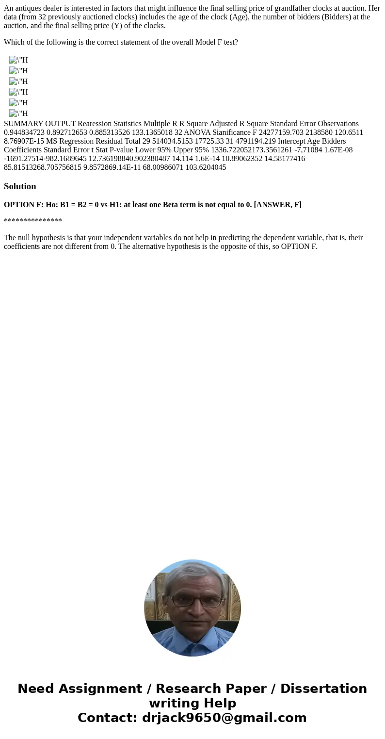 An antiques dealer is interested in factors that might influence the final selling price of grandfather clocks at auction. Her data (from 32 previously auctione An antiques dealer is interested in factors that might influence the final selling price of grandfather clocks at auction. Her data (from 32 previously auctione