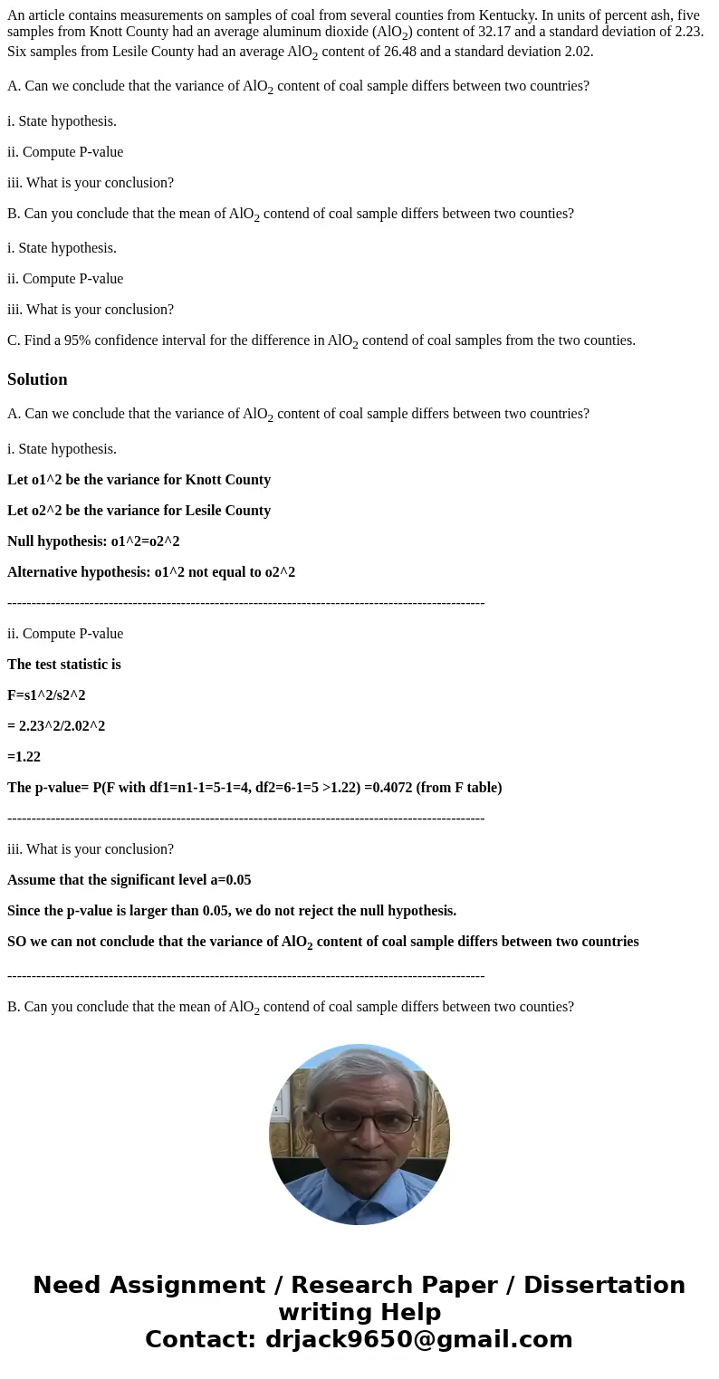 An article contains measurements on samples of coal from several counties from Kentucky. In units of percent ash, five samples from Knott County had an average  An article contains measurements on samples of coal from several counties from Kentucky. In units of percent ash, five samples from Knott County had an average